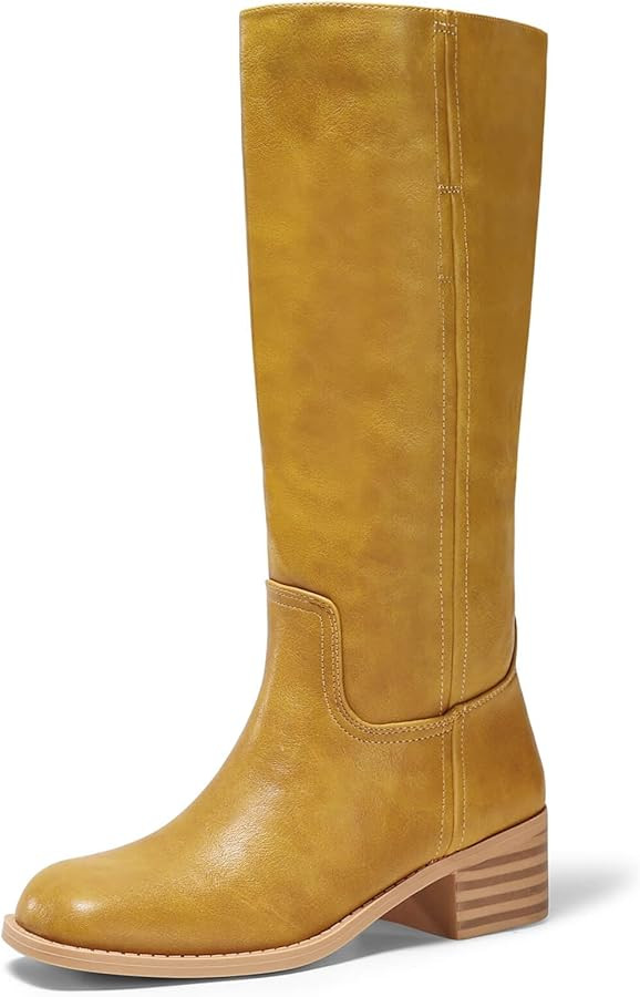 Coutgo Women's Knee High Boots Square Toe Chunky Block Heel Tall Boots Comfortable Low Heel Shoes | Amazon (US)