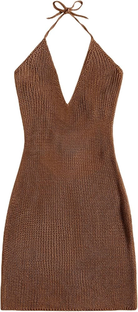 MakeMeChic Women's Sleeveless Halter Tie Back Brown Dress Brown Mini Dress Tan Dress Knit Dress | Amazon (US)