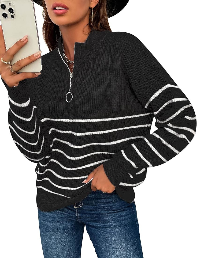 MAGIMODAC Women Striped Sweater Half Zip Oversized Pullover V Neck Casual Loose Long Sleeve Knitted  | Amazon (US)