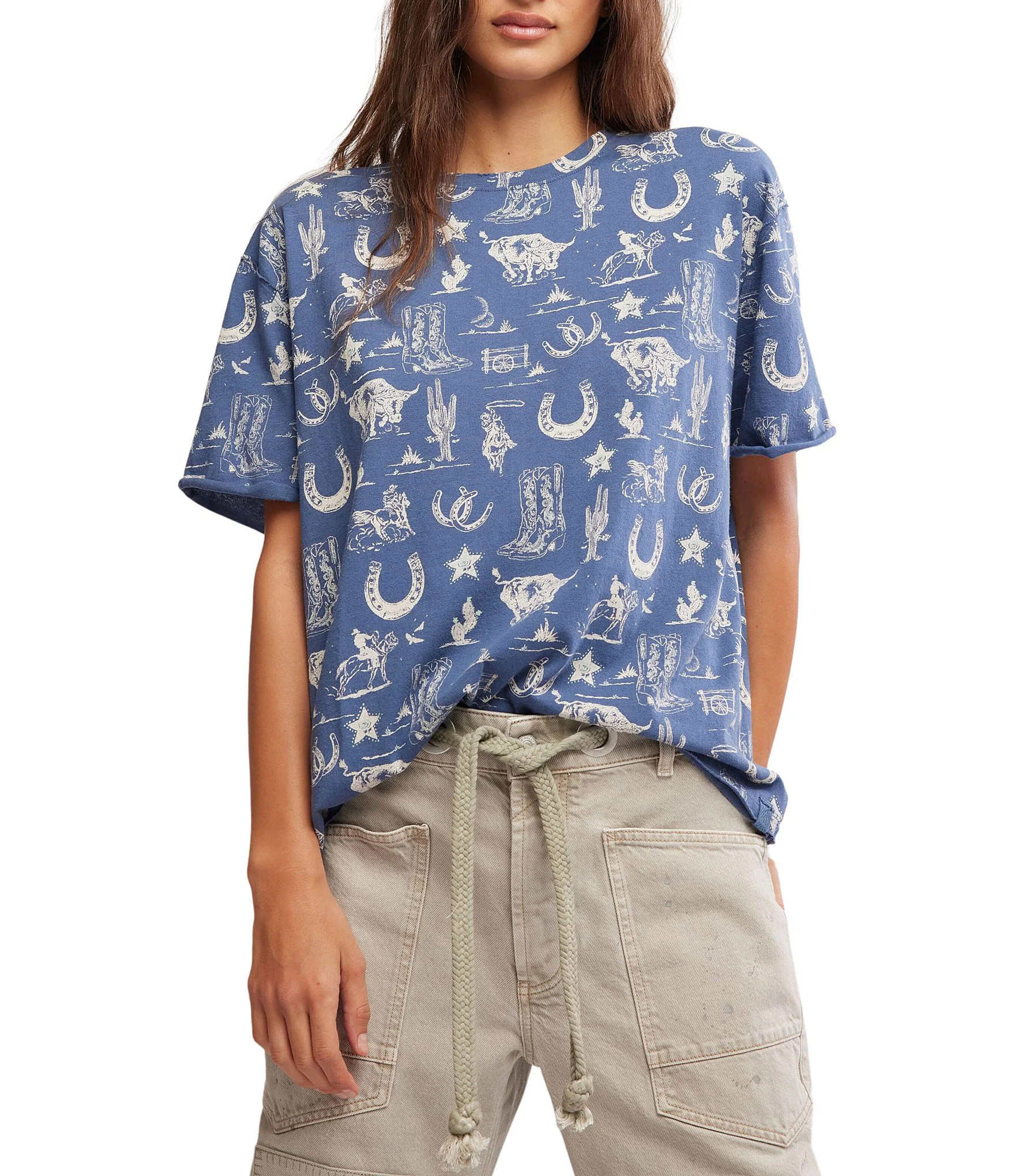 Free People Painted Floral Navy Western Printed Crew Neck Short Sleeve Tee | Dillard's | Dillard's