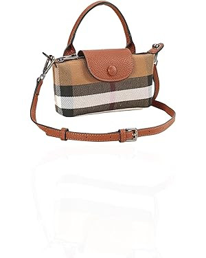 Mini Plaid Canvas Handbag for Women PU Leather Top Handle Checked Bucket Hand Bag | Amazon (US)