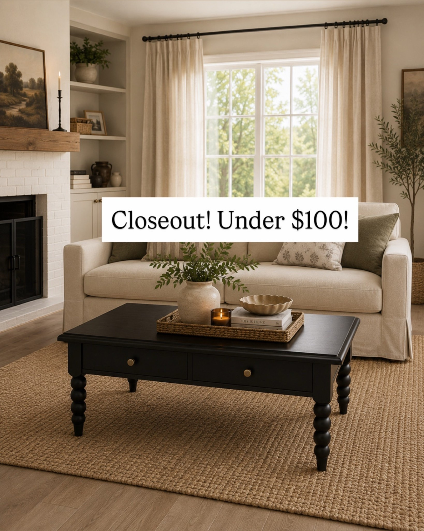This coffee table 😍 The black finish + those gorgeous turned legs make it such a statement piece without feeling too heavy. I love how it adds a little contrast to a cozy, neutral cottage-style living room.

And the drawers?! So perfect for hiding remotes, games, and all the little living room clutter. 🤎

#LTKHome #LTKSaleAlert