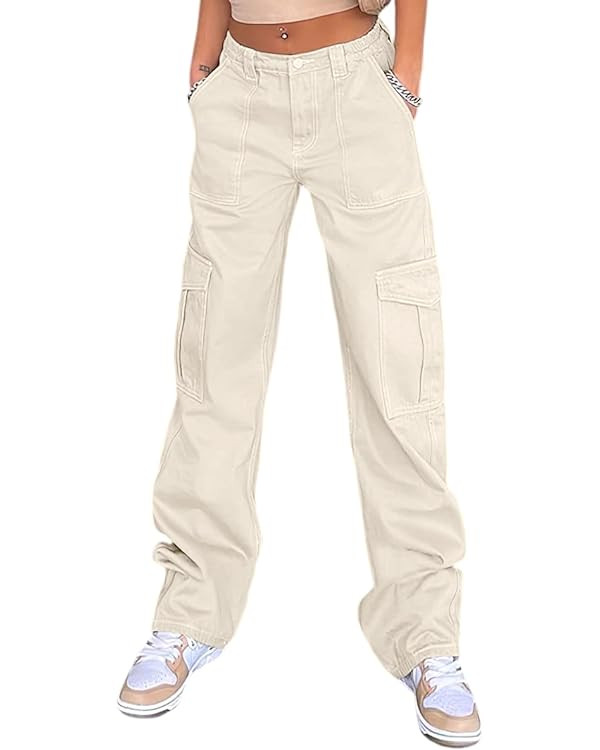 QYANGG High Waist Stretch Cargo Pants Women Baggy Multiple Pockets Relaxed Fit Straight Wide Leg ... | Amazon (US)