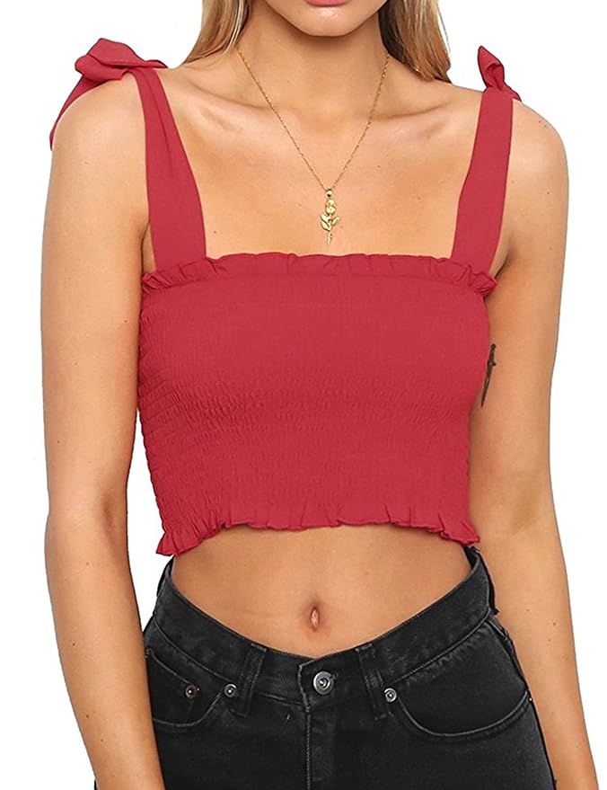 KAMISSY Women's Frill Smocked Crop Tank Top Tie Shoulder Strap Vest | Amazon (US)