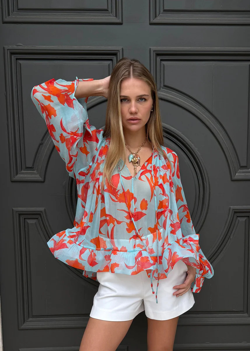 Melina Orange and Teal Sheer Floral Silk Long Sleeve Peasant Blouse | Benaar La