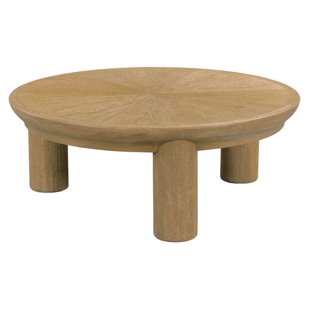 Woodbridge Sol Rustic Lodge Limewash Brown Oak Wood Round Coffee Table | Kathy Kuo Home