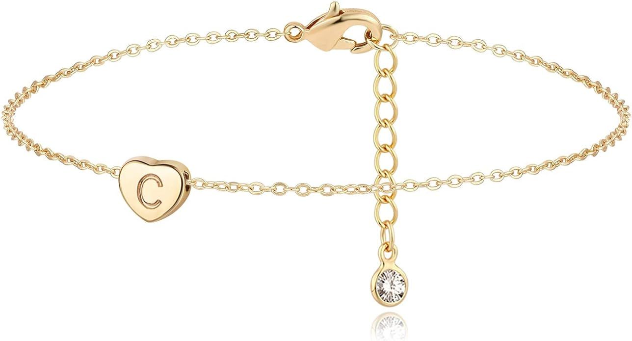 GUEMER Gold Initial Anklet for Women Tiny Heart Charm Sideways Letter Engraved 14K Gold Plated Da... | Amazon (US)