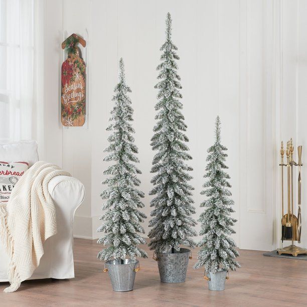 Holiday Time Flocked Pine Tree with Galvanized Pot, Set of 3, 3ft/4ft/5ft - Walmart.com | Walmart (US)