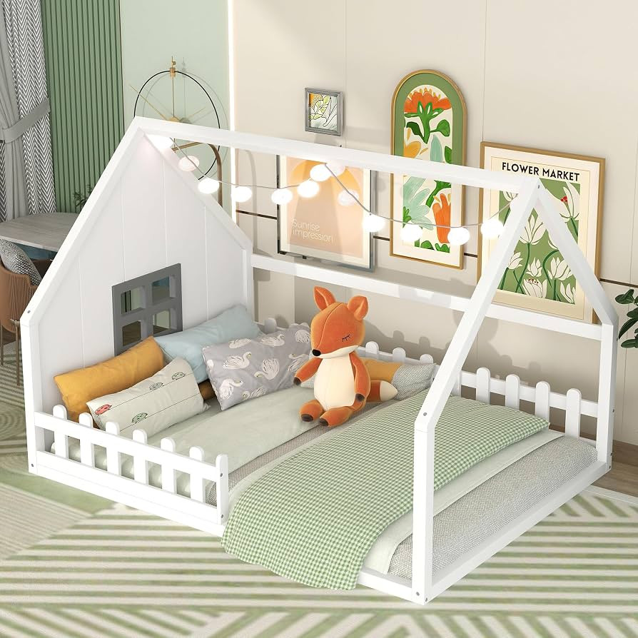 Bellemave Full Size House Bed for Kids,Wood Montessori Floor Bed with Fence and Window,Full Floor... | Amazon (US)