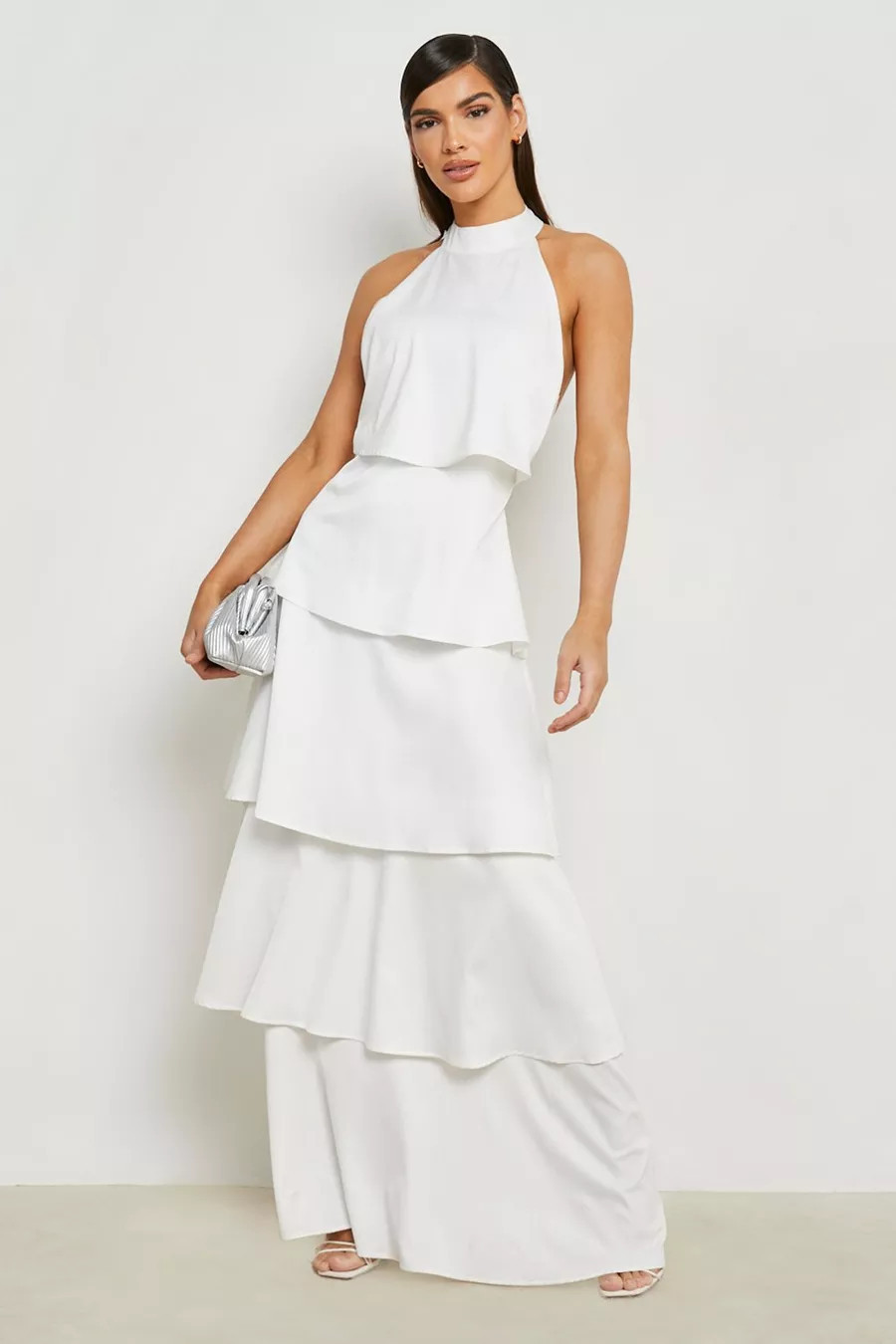 Satin Halter Tiered Maxi Dress | Boohoo.com (US & CA)
