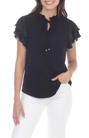 RAIN Tie Neck Flutter Sleeve Top in Black at Nordstrom Rack, Size Small | Nordstrom Rack
