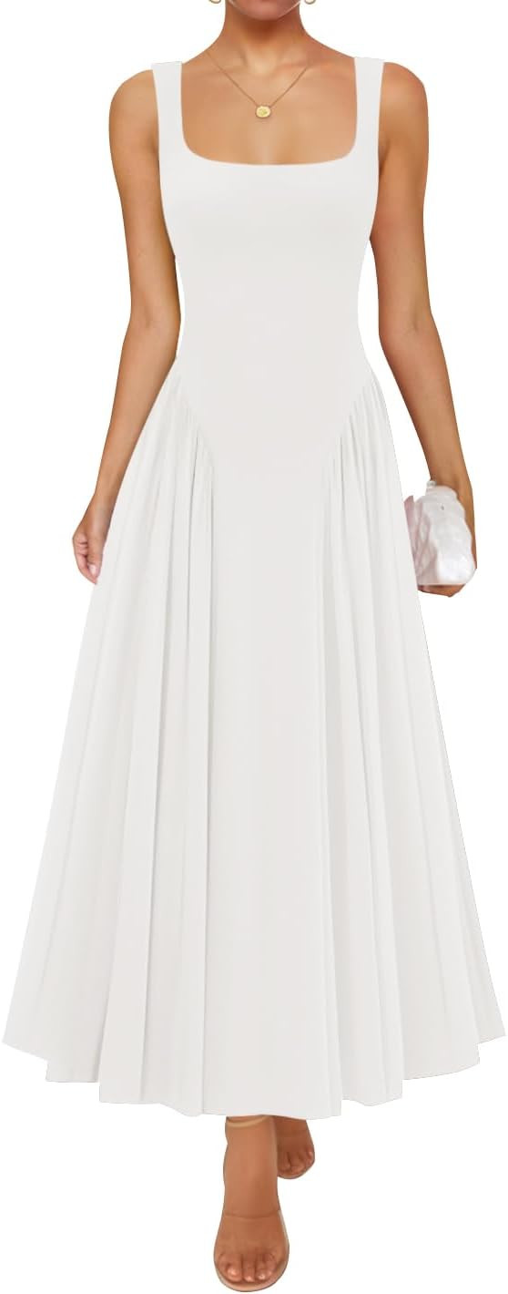 ZESICA Womens 2026 Summer Sleeveless Square Neck Sundress Casual Long Flowy A Line Beach Vacation... | Amazon (US)