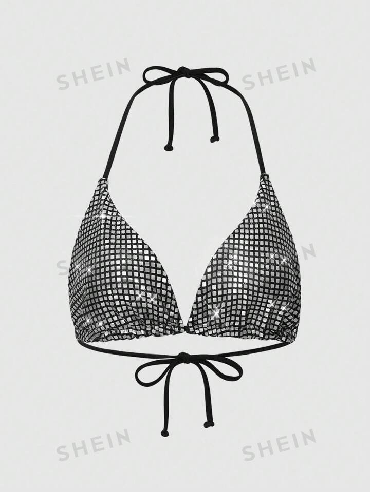 SHEIN Swim Ladies' Metallic Color Halter Neck Bikini Top For Swimming, Vocation,Summer Beach | SHEIN