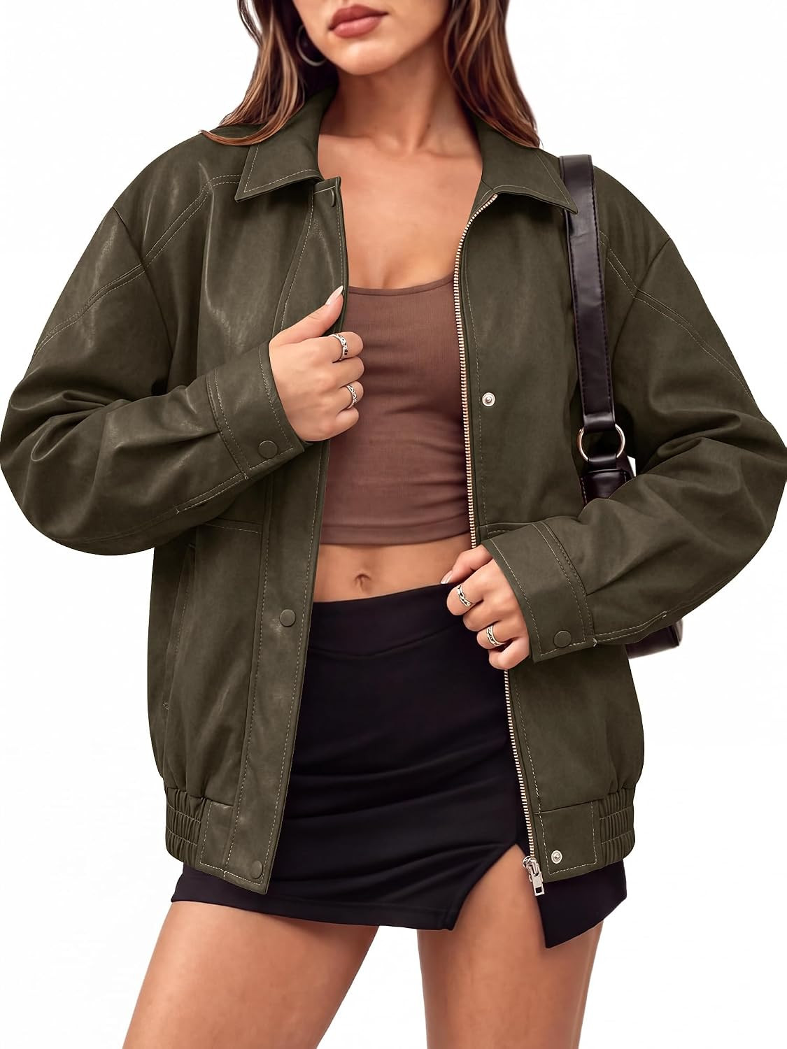 Womens Oversized Distressed Textured Faux Leather Bomber Jacket | Amazon (US)