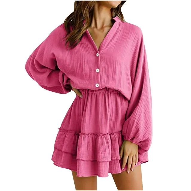 Dresses for Women V-Neck Long Sleeved Lantern Sleeve Mini Dress Ruffle Hem A Line Casual Short Mi... | Walmart (US)