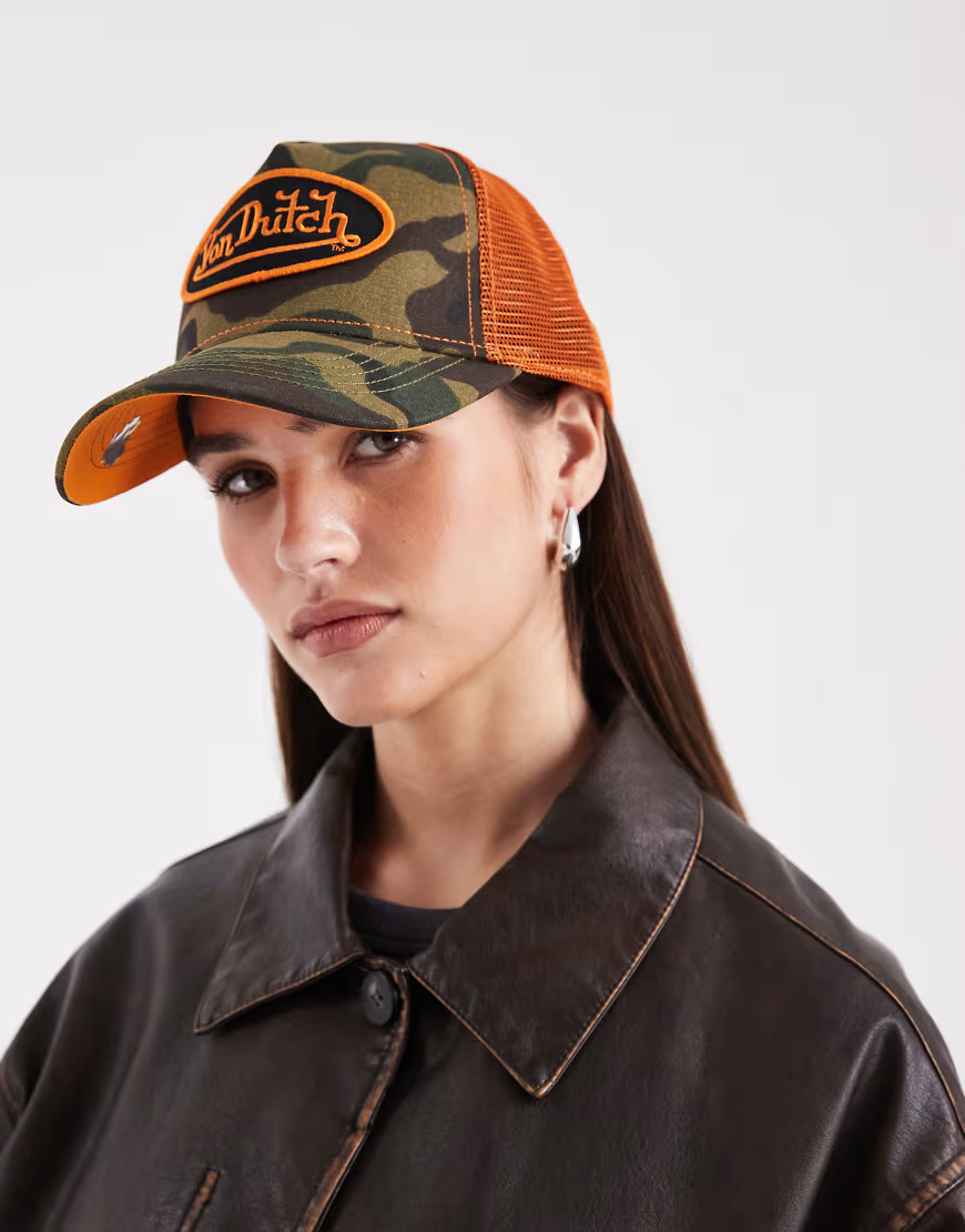 Von Dutch trucker cap in camo with contrast orange logo-Multi | ASOS (Global)