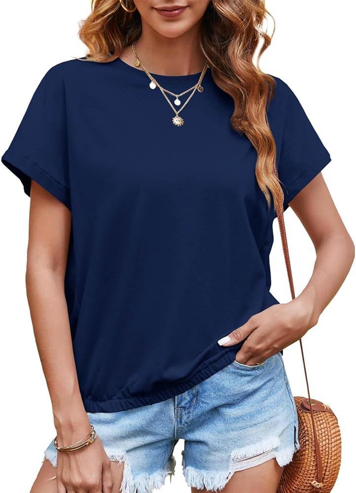 Tankaneo Women Short Cap Sleeve Tops Summer Casual Banded Sweatshirt Crew Neck Loose Fit T-Shirts | Amazon (US)