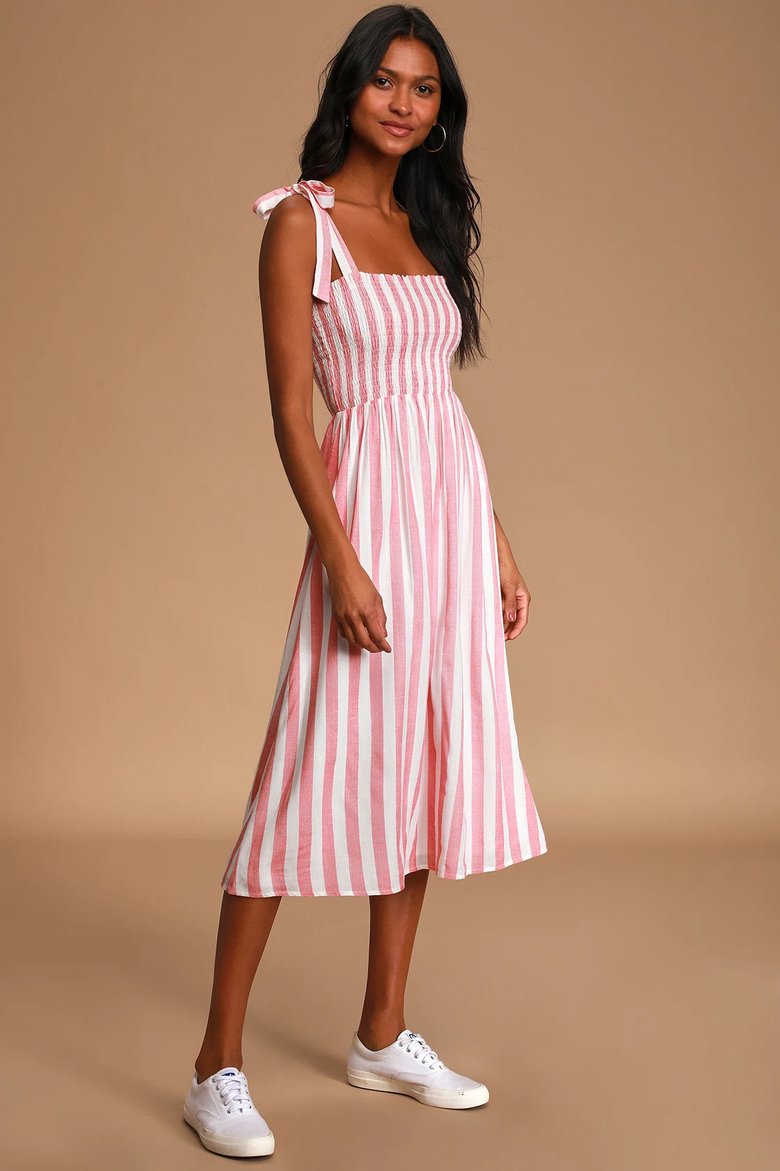 Looking Up Red Stripe Smocked Tie-Strap Midi Dress | Lulus
