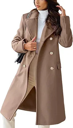 chouyatou Women's Winter Lapel Double Breasted Office Work Long Wool Pea Coat Overcoat | Amazon (US)