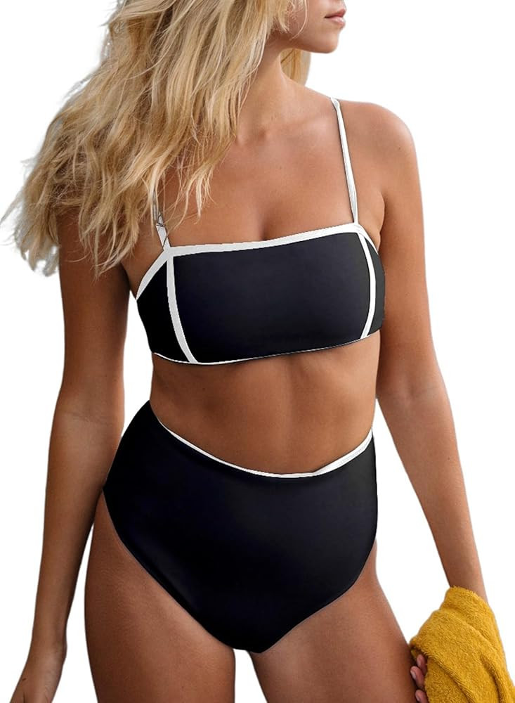 Herseas Women's 2 Pieces Colorblock Bikini Sets Square Neck Swimsuit Adjustable Spaghetti Straps ... | Amazon (US)