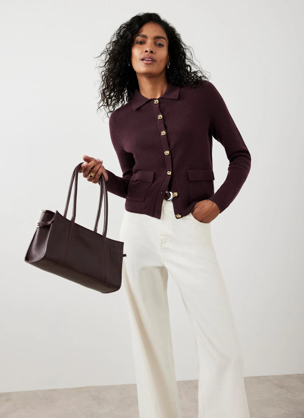 Burgundy Cotton Blend Collar Cardigan | Mint Velvet