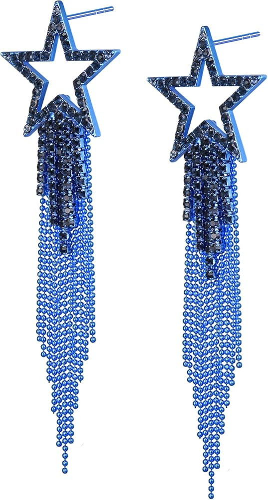 EVER FAITH Star Tassel Earrings for Women, Rhinestone Crystal Long Waterfall Beaded Fringe Chande... | Amazon (US)