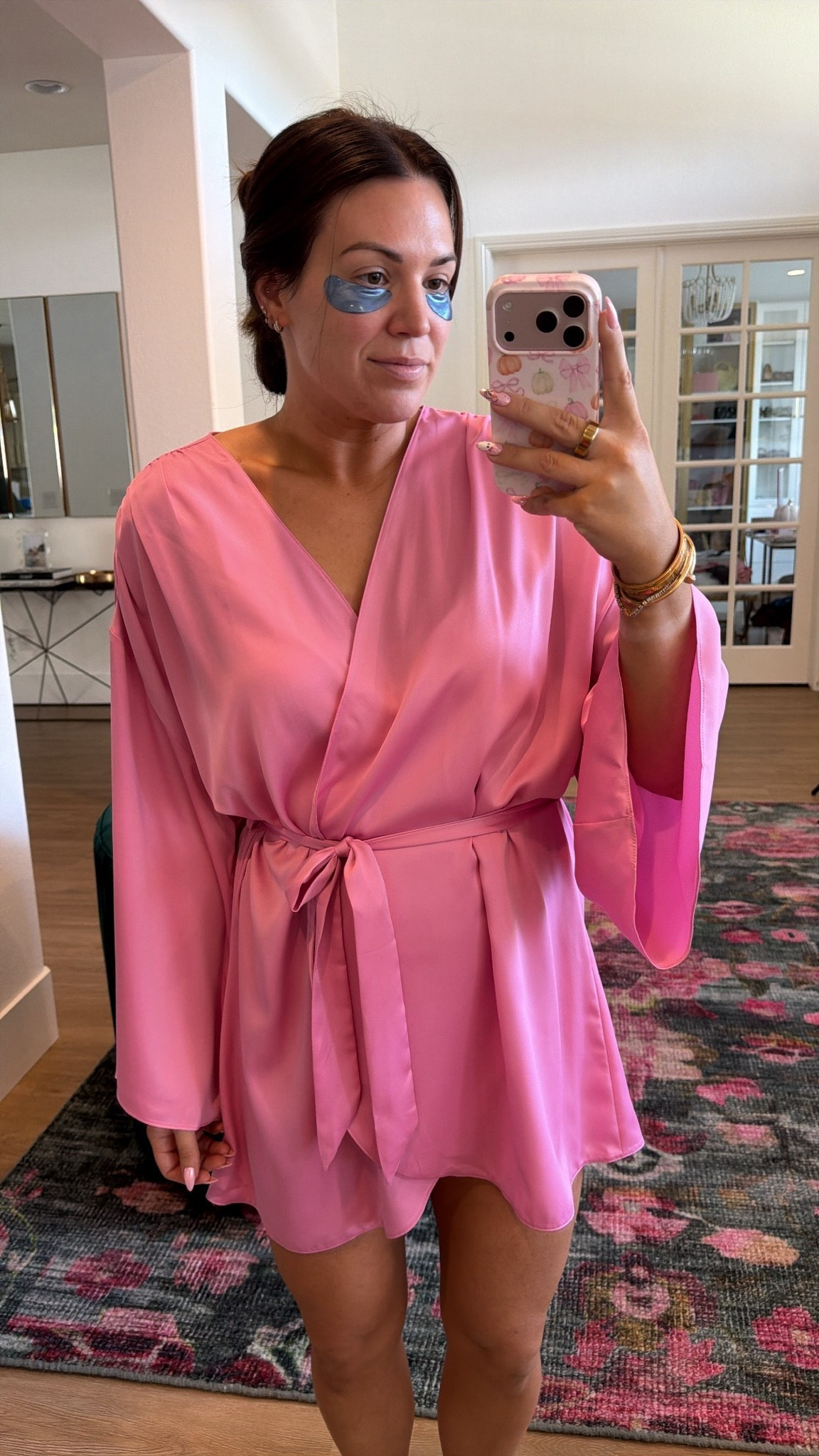 pink satin robe + my favorite eye patches for getting ready! in the size medium/large