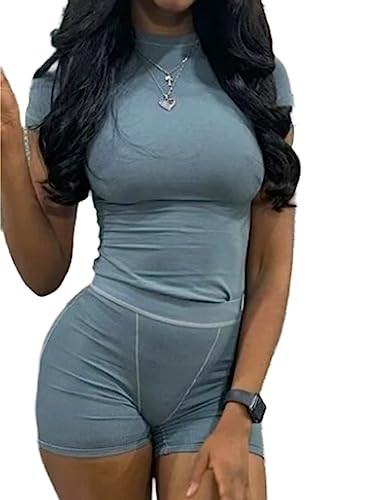AYWA Two Piece Outfits for Women Fitted Crew Neck T-shirt High Waist Leggings Biker Shorts Matching Sets Streetwear (Blue Grey-shorts, Small) | Amazon (US)