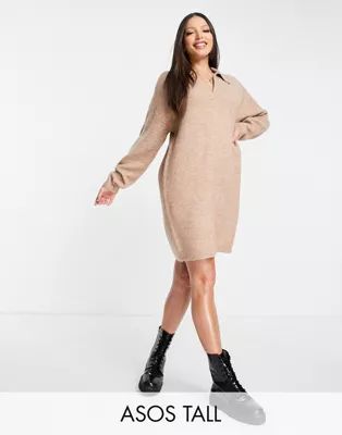 ASOS DESIGN Tall knit mini dress with open collar in camel | ASOS (Global)