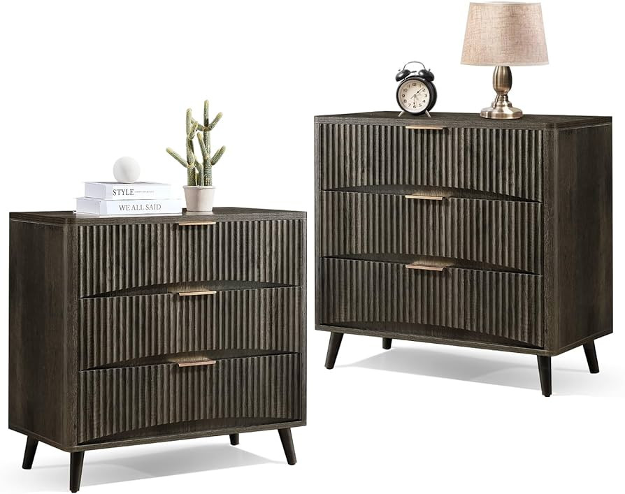 Large Fluted Nightstand Set of 2, 31.5W×29“H 3 Drawer Night Stand Bedside Table, Mid Century M... | Amazon (US)