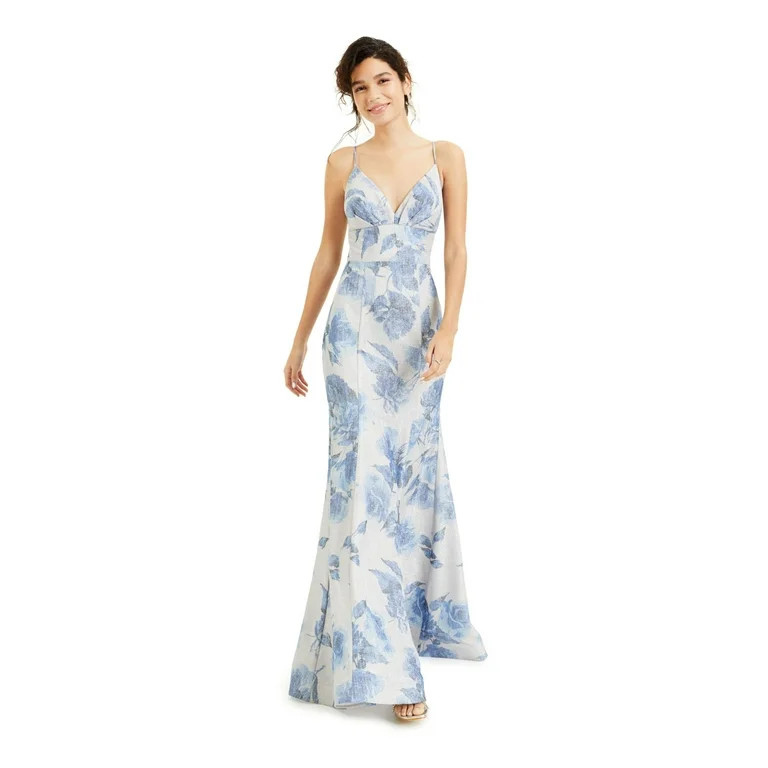 B DARLIN Womens Silver Glitter Pleated Gown Floral Spaghetti Strap V Neck Full-Length Evening Dre... | Walmart (US)