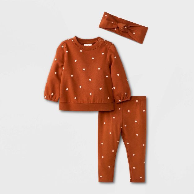 Baby Girls' Polka Dot Sweatshirt Top & Bottom Set with Headband - Cat & Jack™ Orange | Target