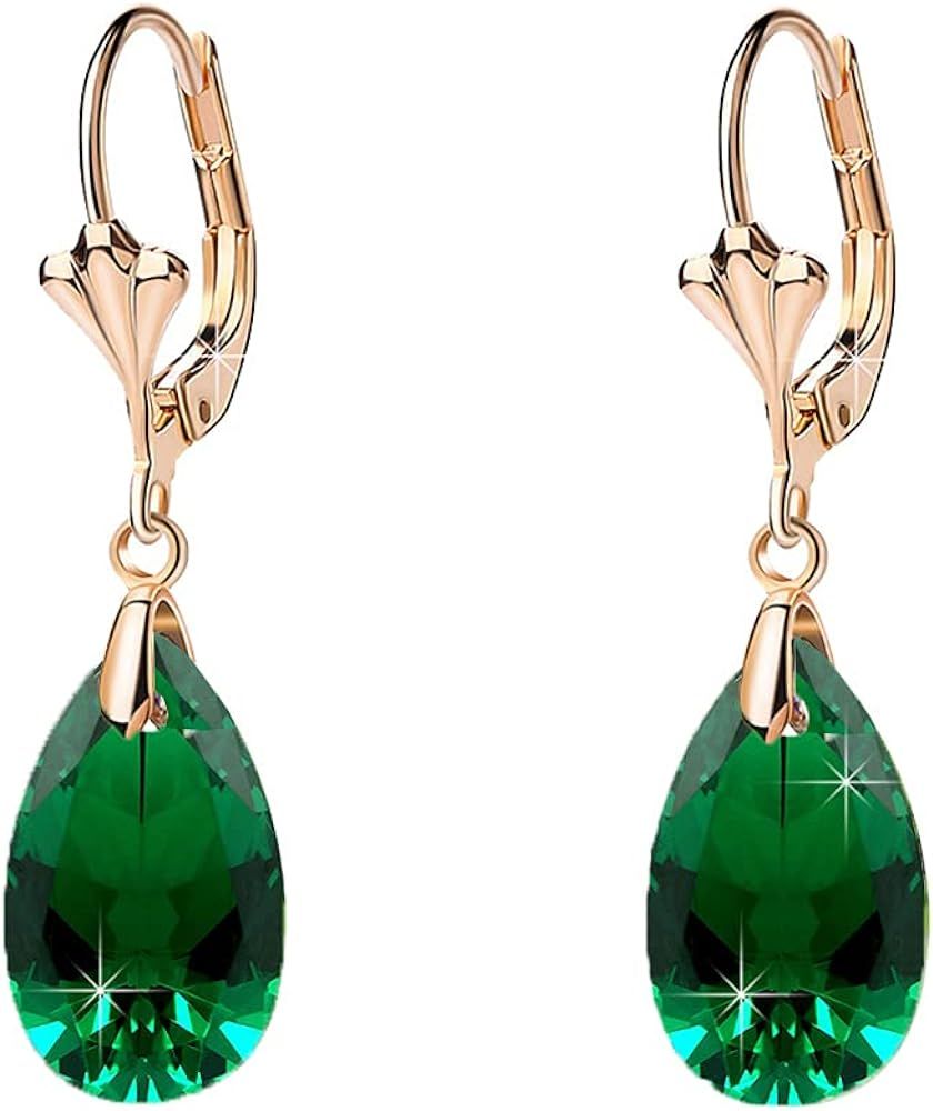 Austrian Crystal Teardrop Leverback Dangle Earrings for Women Fashion 14K Gold Plated Hypoallergenic | Amazon (US)