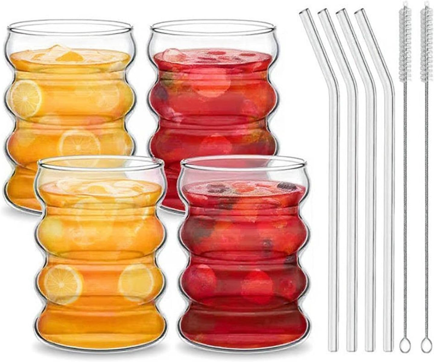 CZCMYAU 4PCS Glass Drinking Cups with Straws 14oz Glassware Set Cocktail Glasses Vintage Ribbed L... | Amazon (UK)