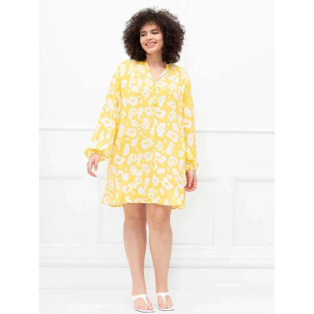 ELOQUII Elements Women's Plus Size Long Sleeve Placket Front Stencil Print Shift Dress | Walmart (US)