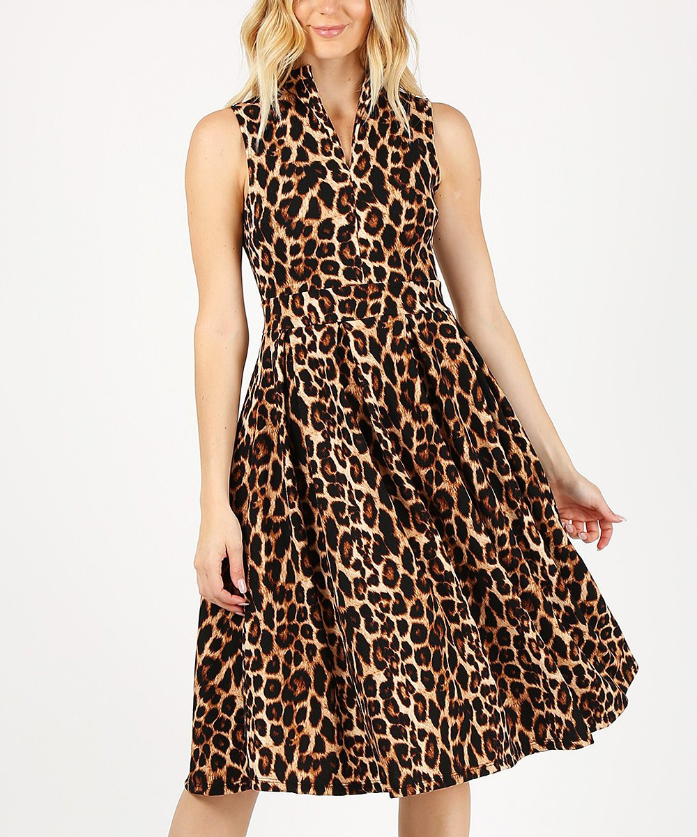 Nema Avenue Women's Casual Dresses Cheetah - Brown Leopard Print V-Neck Pleated Fit & Flare Dress -  | Zulily