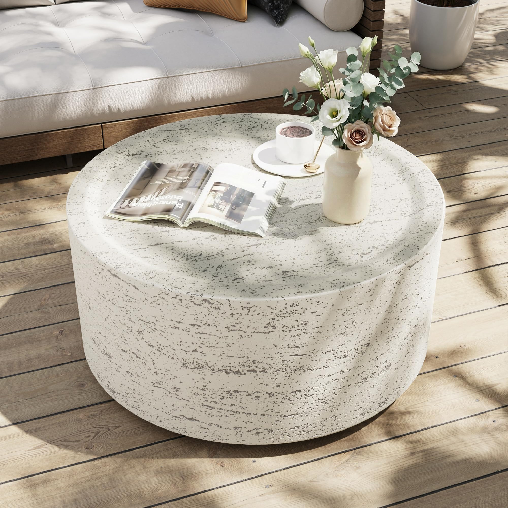 UPHA 28" Round Outdoor Coffee Table, Modern Hollow Concrete Patio Table, Small Minimalist Low Accent Table for Living Room, Balcony, Deck, Backyard, Off-White | Amazon (US)