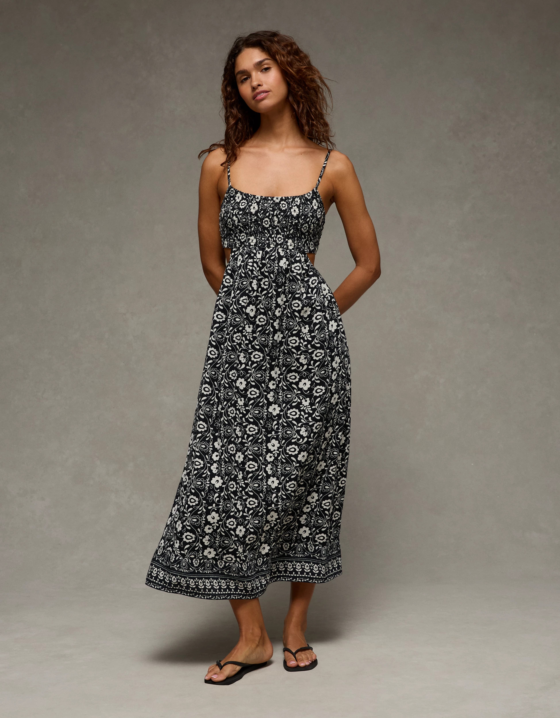 AE Smocked Cutout Babydoll Midi Dress | American Eagle Outfitters (US & CA)