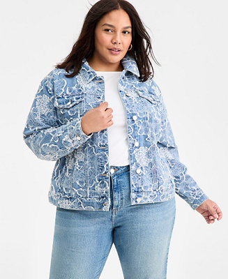 On 34th Trendy Plus Size Cotton Denim-Jacquard Trucker Jacket, Macy's Exclusive - Macy's | Macy's