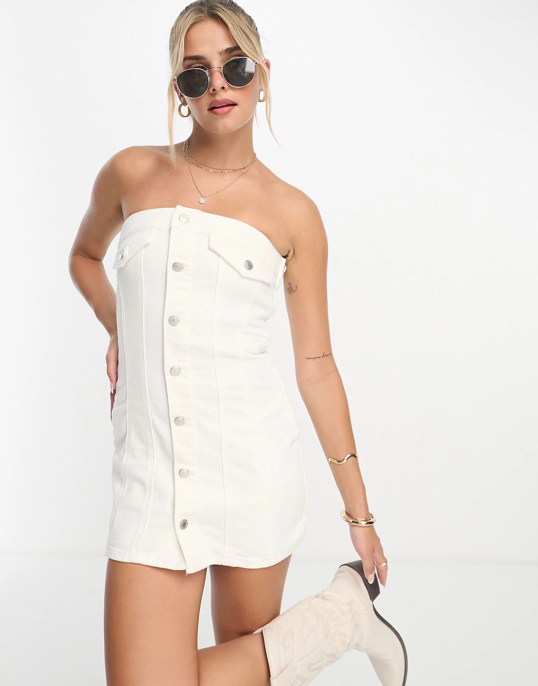 Pull&Bear corset bandeau denim mini dress in off white | ASOS (Global)