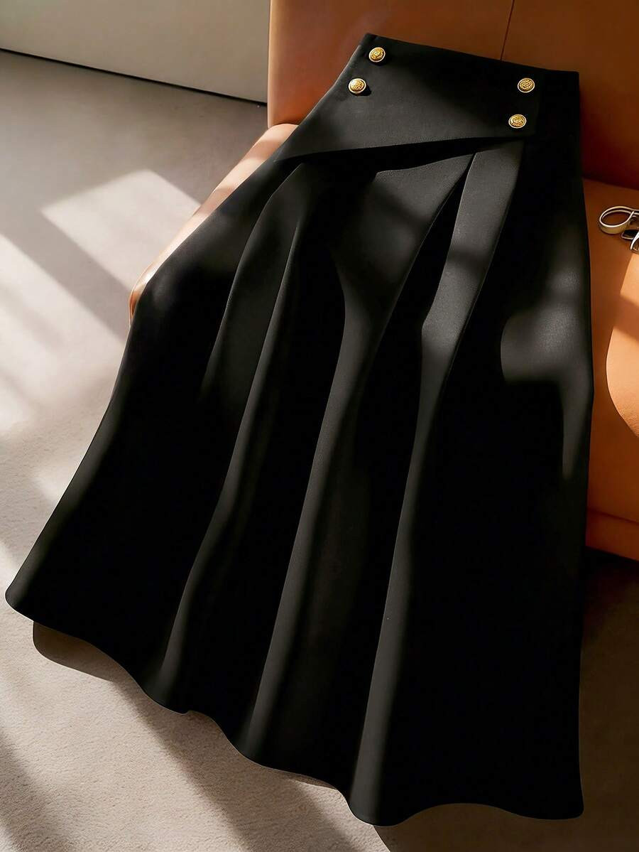Franclia Black A-Line Skirt With Gold Buttons, Vintage Elegant. Fabric With Drape, Silhouette Fla... | SHEIN
