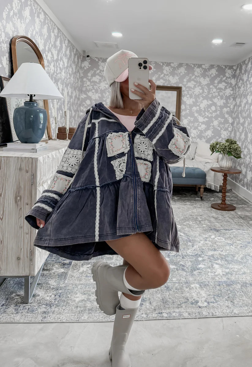 Pressed Petals Vintage Washed Embroidered Patchwork Jacket - Antique Navy | CK Squared Boutique