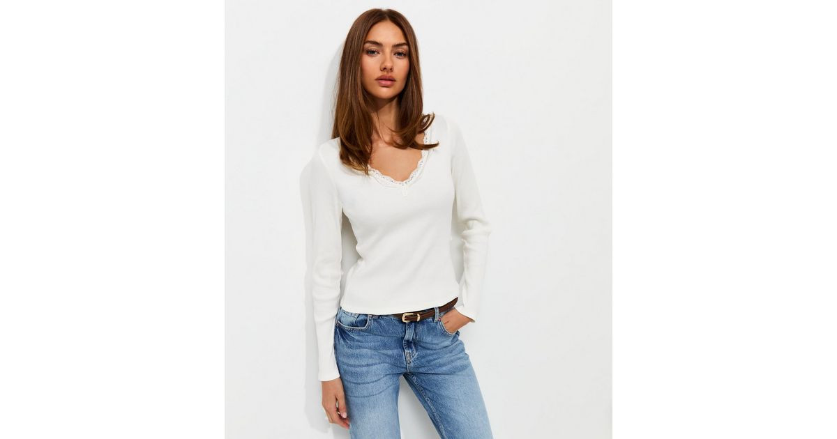Women's Cream Cotton Rich Lace Trim Ribbed V-Neck Top New Look | New Look (UK)