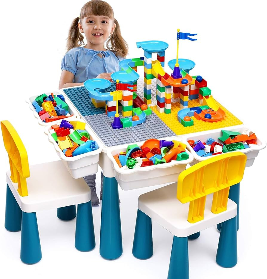 Kids Activity Table Toddlers Kids Table and Chair Set with 152Pcs Large Marble Run Building Block... | Amazon (US)