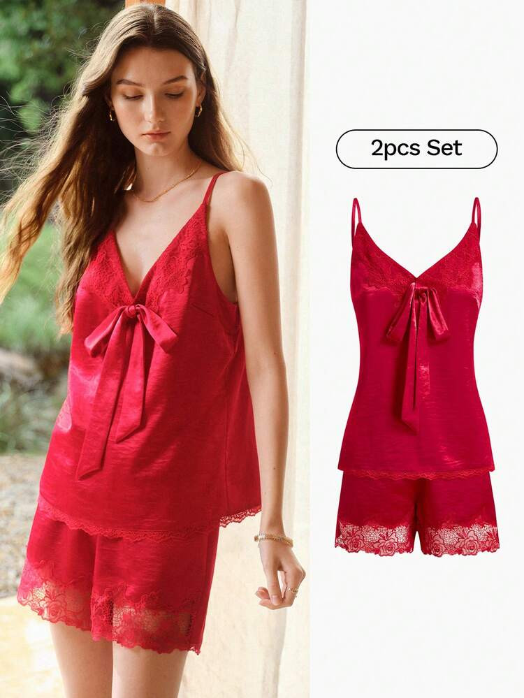 MOTF PREMIUM WOMEN'S SUMMER CONTRAST LACE BOW DECOR CAMISOLE AND SHORTS PAJAMA SET | SHEIN