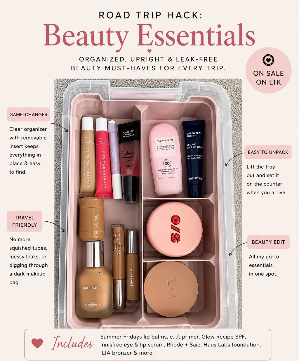 My Travel Beauty Organizer + Every Product I Pack

One of the best travel hacks I’ve found isn’t a makeup bag…it’s this clear organizer.

Everything stays upright, organized, and easy to grab when I get to my destination. No digging through makeup bags or dealing with squished products.

I linked the organizer along with the beauty products I actually pack for road trips, including a few longtime favorites I reach for every trip.

Save this for your next vacation or weekend getaway. 🤍

#LTKBeauty
#TravelEssentials
#BeautyFinds

#LTKBeauty