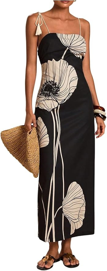 SHENHE Women's Summer Spaghetti Strap Tropical Print Maxi Dress Backless Beach Vacation Sundress | Amazon (US)