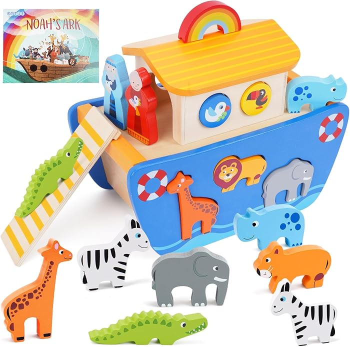KMTJT Toddlers Wooden Noah's Ark Toy Animal Playset, Baptism Gifts for 1 2 3 Boys Girls, Shape Sorter Early Learning Montessori Toys with Bible Story Book for 12 18 24 Months Babies | Amazon (US)
