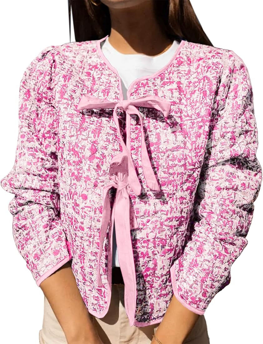 Yousify Womens Cropped Puffer Jackets Floral Print Tie Open Front Lightweight Quilted Jacket Wint... | Amazon (US)