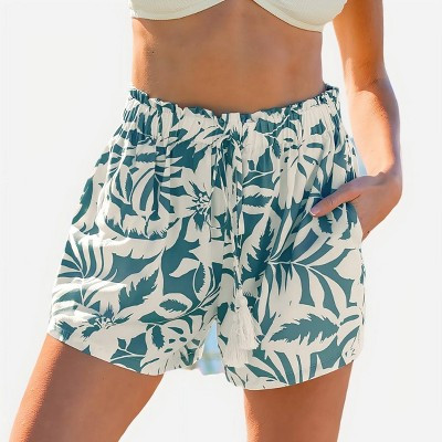 Cupshe Women's Tropical Leaf Print Beach Shorts-S-Blue | Target